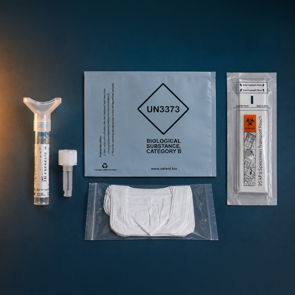 Gut Health kit collection tube, return envelope, specimen transport pouch, and collection paper