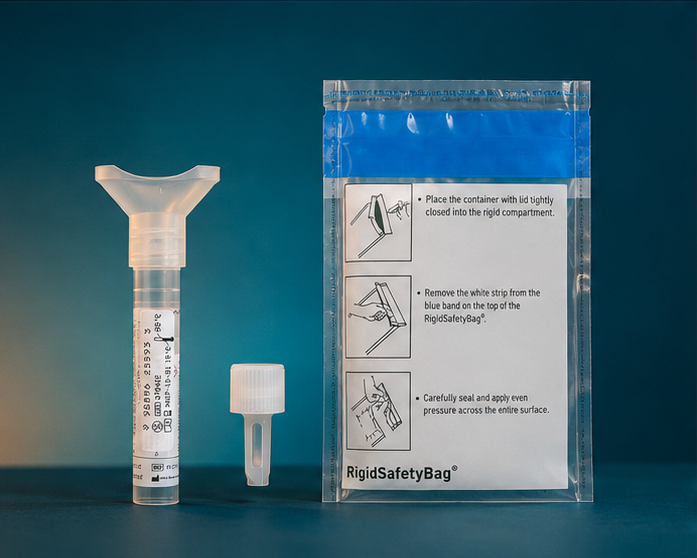 Saliva collection tube, cap, and RigidSafetyBag